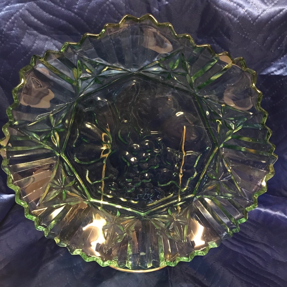 Molded and Cut Green Glass Fruit Platter
